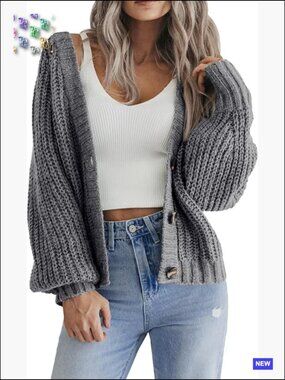 Women's Chunky Knit Cardigan Open Front V Neck Long Sleeve Button Loose Sweater